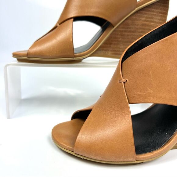REBECCA MINKOFF Size 6 Eden Leather Criss Cross Curved Wedge Peep Toe Tan - Picture 9 of 10